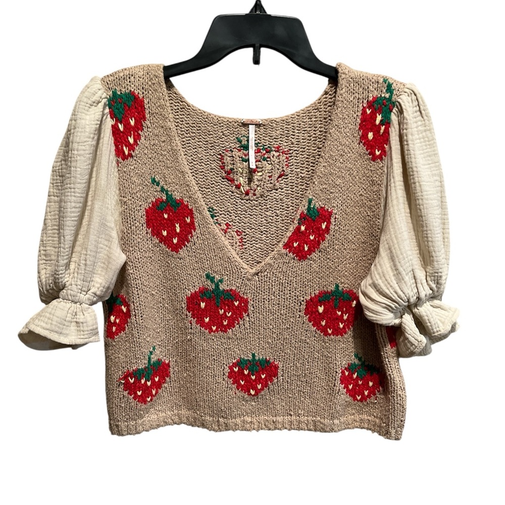 Free People Strawberry Fields Knit Crop Beige Sweater Peasant Sleeves- Medium
